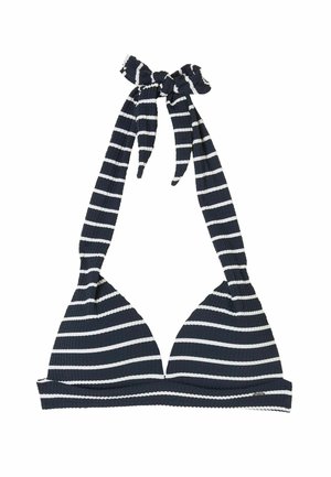 Navy- und weiße gestreifte Bikini-Oberteil mit geripptem Material, Halterneck-Design und einer gebundenen Schleife hinten.