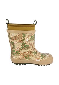 Botte de pluie en caoutchouc avec une base beige, ornée d'un motif de dinosaures verts et marron. Comprend un sommet texturé et pliable avec des accents verts.