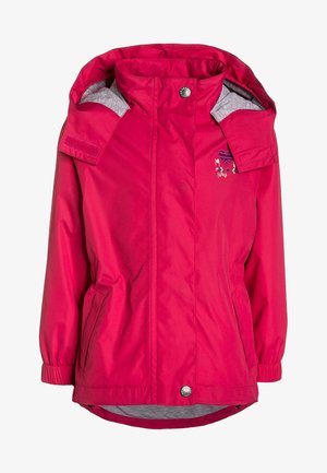 Rosa wasserdichte Jacke mit Kapuze, elastischen Bündchen, zwei Fronttaschen und einem kleinen dekorativen Design auf der linken Brust. Glatte Textur.