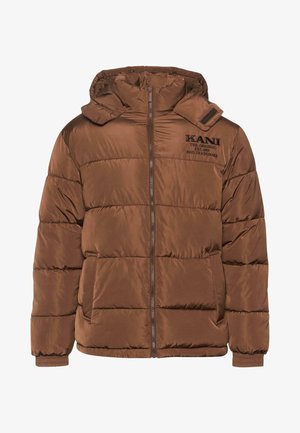 Hnědá péřová bunda s kapucí, se zipem vpředu, žebrovanými manžetami a dvěma bočními kapsami. Měkká, hladká textura s prošívanými panely.