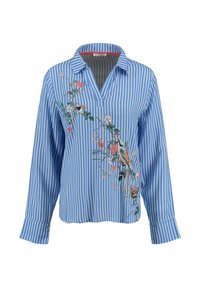 Blauw-witte gestreepte blouse met lange mouwen, voorzien van bloemborduursels en vogels, met een kraag en een relaxte pasvorm. Zacht materiaal.