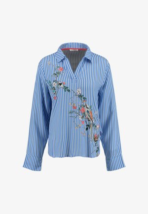 Niebieska i biała w paski koszula z długim rękawem, zdobiona haftem w kwiaty i ptaki, z kołnierzykiem i luźnym krojem. Miękka tkanina.