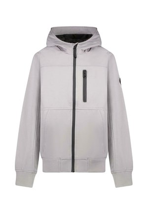 Lichtgrijze gewatteerde jas met capuchon, voorzien van een ritssluiting aan de voorkant, een horizontale buste naad en een borstzak met rits. Heeft geribde manchetten en zoom.