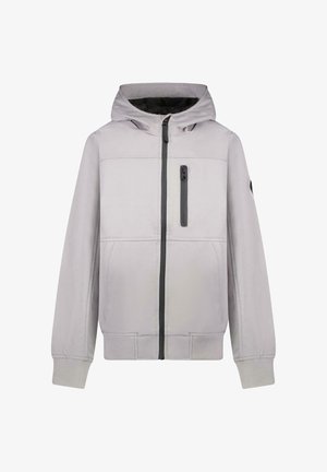Lichtgrijze gewatteerde jas met capuchon, voorzien van een ritssluiting aan de voorkant, een horizontale buste naad en een borstzak met rits. Heeft geribde manchetten en zoom.