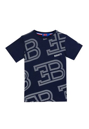 Navy blue short-sleeve t-shirt with large white outlined letters "EB" and "BUGATTI" printed in various angles across the fabric.