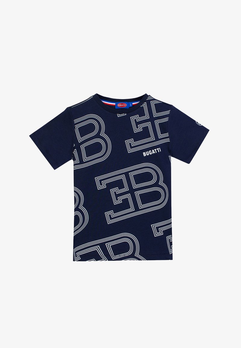 T-shirt blu navy a maniche corte con grandi lettere bianche contornate "EB" e "BUGATTI" stampate in vari angoli su tutto il tessuto.