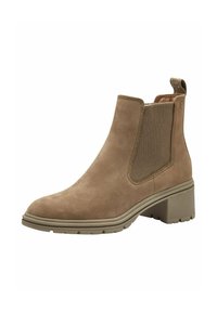 Bottines en suède marron avec des panneaux élastiques sur les côtés, une semelle en caoutchouc texturée et un petit talon empilé. Dotées d'une languette à l'arrière.