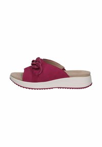 Fuchsia schuifsandalen met een gladde suede textuur, voorzien van een geknoopte accent en een witte, geribbelde zool voor grip en comfort.