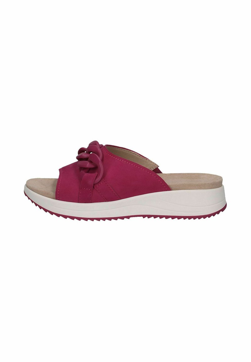 Fuchsia schuifsandalen met een gladde suede textuur, voorzien van een geknoopte accent en een witte, geribbelde zool voor grip en comfort.