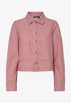 Red and white striped denim jacket with a collar, metal buttons, two front pockets, and long sleeves. Cropped design with stitched details.