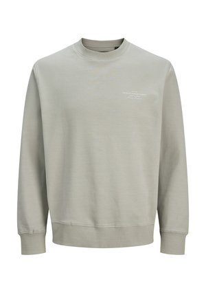 Light grey sweatshirt made from soft cotton blend. Features crew neckline, ribbed cuffs, and hem. Small text logo on the front.