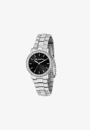 Orologio bracciale in argento con quadrante rotondo nero, bezel accentuato da cristalli e maglie lucide. Presenta indici e lancette bianchi.