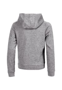 Grå sweatshirt med hætte, der har en glat tekstur, lange ærmer og et tætsiddende taljebånd. Bagsiden er enkel uden mønstre eller accenter.