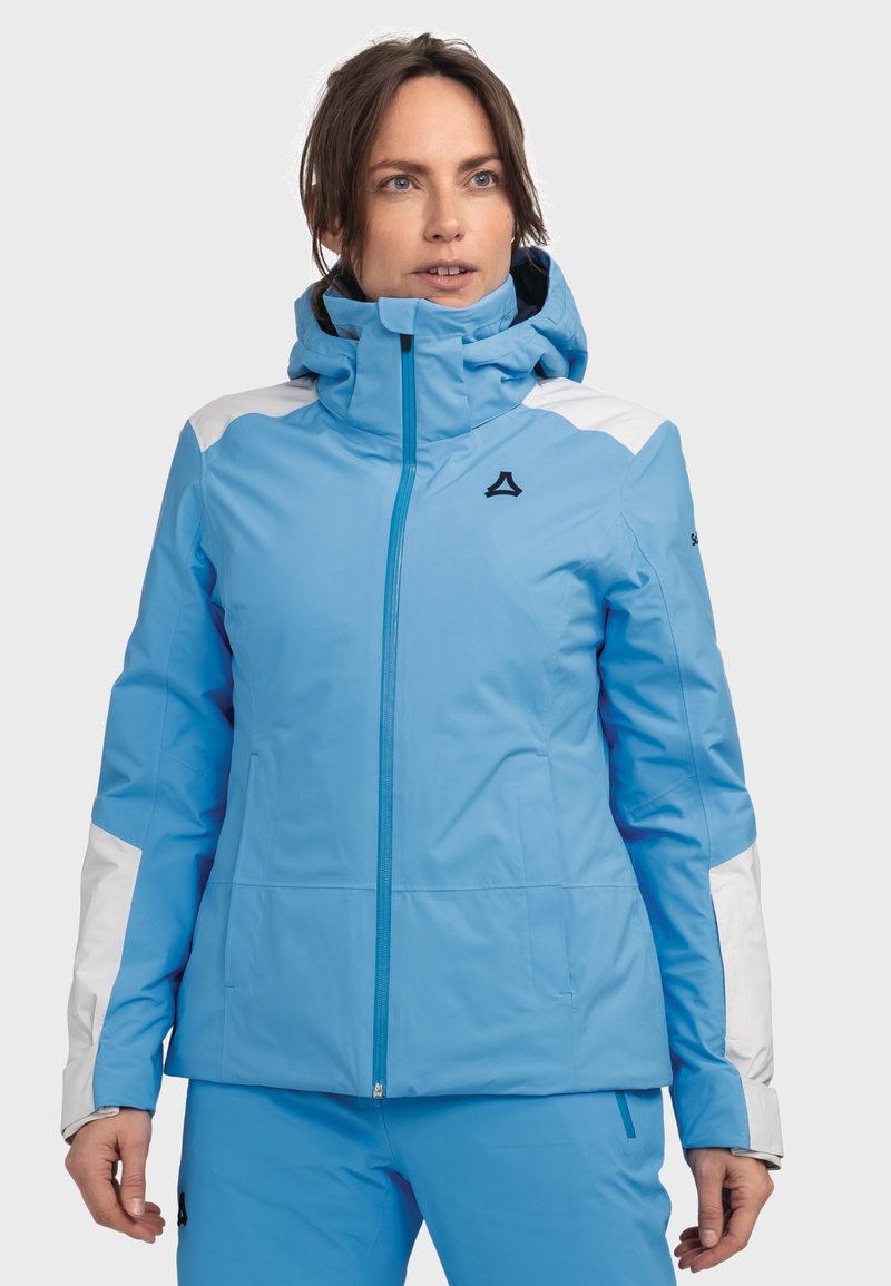 Hellblaue isolierte Jacke mit Kapuze, ausgestattet mit weißen Akzenten an Schultern und Ärmeln, Reißverschluss und einem Logo auf der Brust.