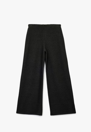 Spodnie o szerokich nogawkach z ciemnoszarego materiału, z prostym krojem, gładką teksturą i elastycznym pasem.