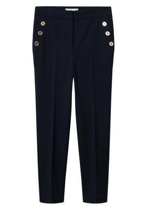 Marineblauwe maatwerkbroek met een hoge taille, voorzien van drie decoratieve gouden knopen op elke heup en een slanke, rechte pijp.