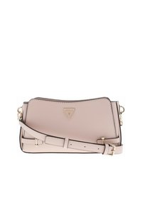 Borsa a tracolla sintetica rosa chiaro con hardware dorato, dotata di un logo triangolare e di una tracolla regolabile. Texture liscia e forma strutturata.