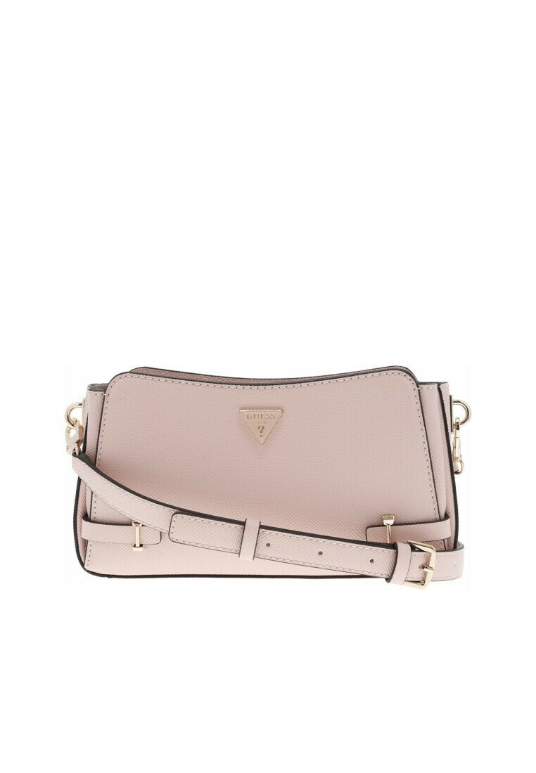 Borsa a tracolla sintetica rosa chiaro con hardware dorato, dotata di un logo triangolare e di una tracolla regolabile. Texture liscia e forma strutturata.