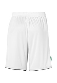 Witte sportieve shorts met een elastische tailleband, voorzien van zwarte bies aan de zoom en een groene label aan de zijkant. Glad, lichtgewicht materiaal.