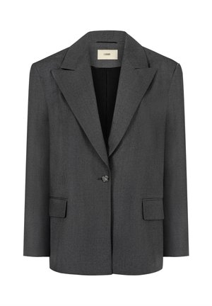 Ciemnoszara marynarka na jeden guzik z szerokimi klapami, długimi rękawami i dwoma przednimi kieszeniami z patkami.