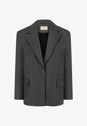 Ciemnoszara marynarka na jeden guzik z szerokimi klapami, długimi rękawami i dwoma przednimi kieszeniami z patkami.