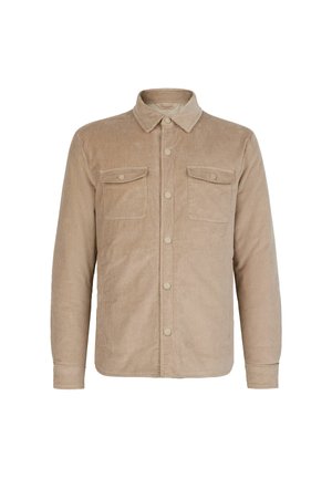 Kostymjacka i lätt beige manchester med krage, två framfickor, knappstängning och en mjuk, texturerad yta.