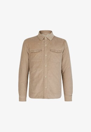 Kostymjacka i lätt beige manchester med krage, två framfickor, knappstängning och en mjuk, texturerad yta.