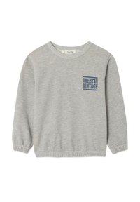 Sweatshirt à manches longues gris clair avec poignets et ourlet élastiques, arborant le texte bleu "AMERICAN VINTAGE" sur la poitrine gauche.