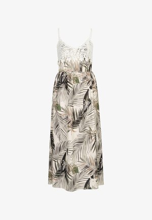 Maxi šaty s bílým háčkovaným živůtkem s třásněmi, květinovým potiskem palmového listu v zelené a černé barvě a elastickým pasem pro pohodlné nošení.