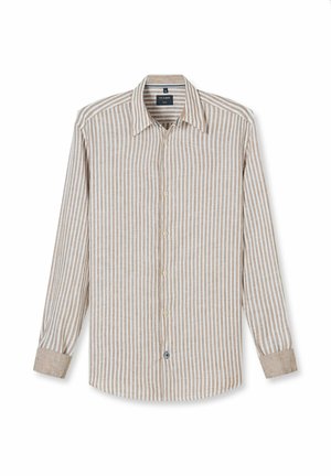 Chemise à manches longues boutonnée avec des rayures verticales beiges et blanches, col classique et poignets à un bouton, posée à plat sur un fond blanc.