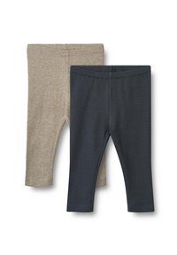 Kaksi paria legginssejä: toinen khaki-värinen, toinen tummansininen. Molemmissa on sileä, joustava kangas ja elastinen vyötärö.