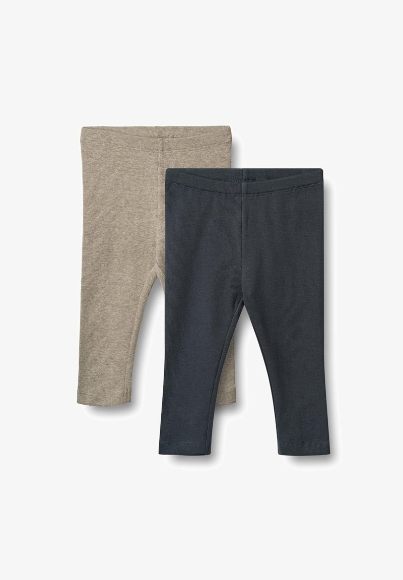Due coppie di leggings: una in khaki, l'altra in blu scuro. Entrambe hanno un tessuto liscio ed elastico e una vita elasticizzata.