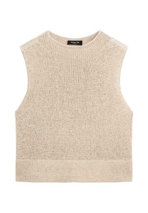 Ärmellose beige Strickweste mit rundem Ausschnitt und geripptem Saum, aus leichtem strukturiertem Garn gefertigt.