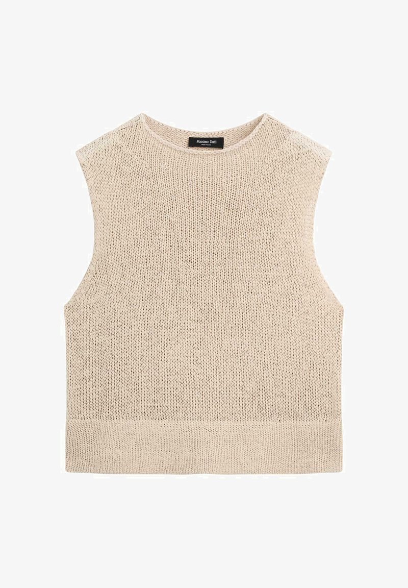 Gilet sans manches en maille beige avec un col rond et un ourlet côtelé, réalisé en fil texturé léger.