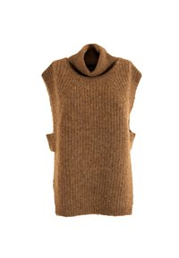 Pull sans manches marron avec un col bâti haut, présentant un motif de tricot texturé et des découpes sur les côtés. Matière douce et confortable avec une coupe ample.