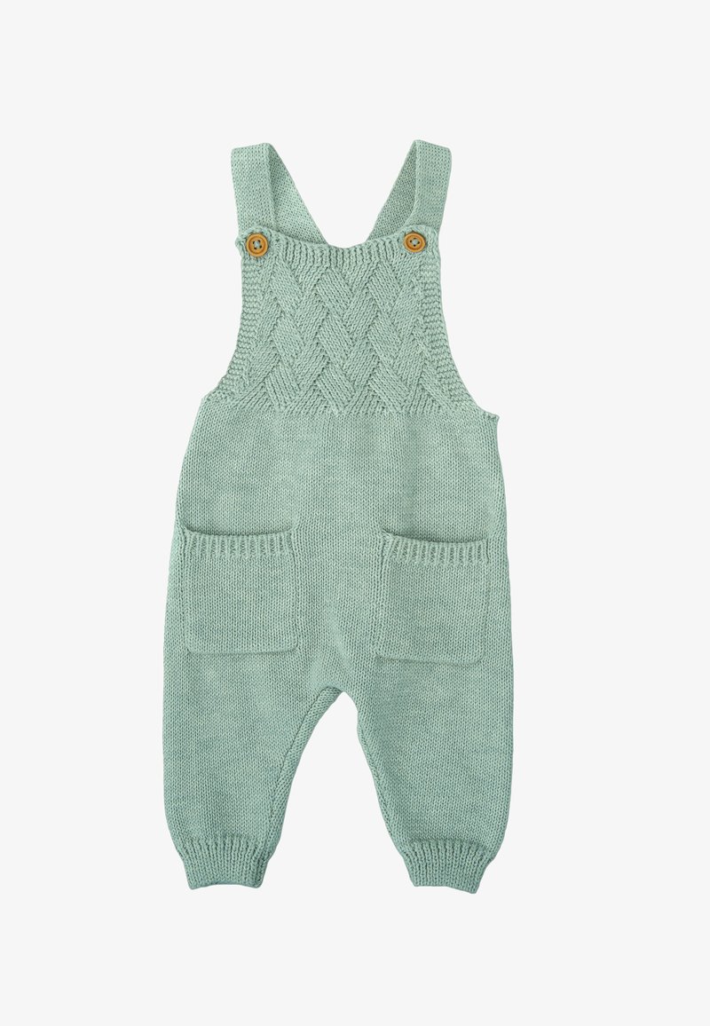 Pichi de punto en verde menta, con un patrón de cruces texturizado en el peto, botones de madera y dos bolsillos frontales con puños acanalados.