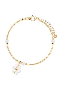 Złota bransoletka z łańcuszka z białymi, fasetowanymi koralikami oraz kwiatowym zawieszką. Posiada zapięcie na karabińczyk oraz regulowany łańcuszek do dopasowania rozmiaru.