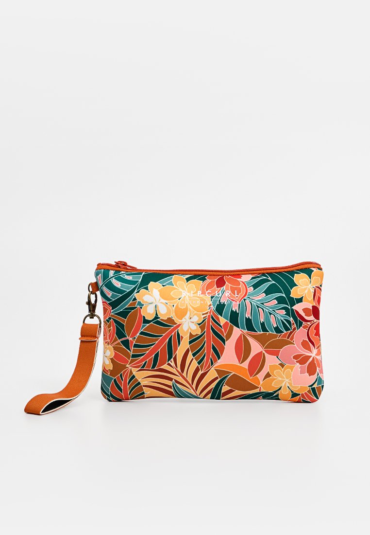 Blumendrucktasche mit leuchtenden Farben in Grün, Orange, Pink und Gelb. Verfügt über einen Reißverschluss und einen orangen Handgelenkriemen. Glatte Stoffbeschaffenheit.