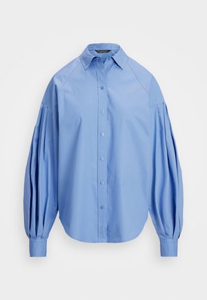 Light blue button-up shirt with a classic collar, pleated balloon sleeves, and a rounded hem. Made from smooth cotton fabric.