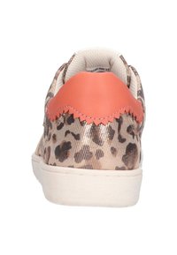Sneaker featuring a beige leopard print upper with a glossy finish, orange leather heel tab, and white rubber sole. Rounded shape.