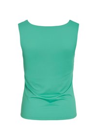 Srajca brez rokavov v turkizni barvi z okroglim izrezom, izdelana iz gladkega in elastičnega materiala. Ima subtilen drapirani detajl na sprednji strani.