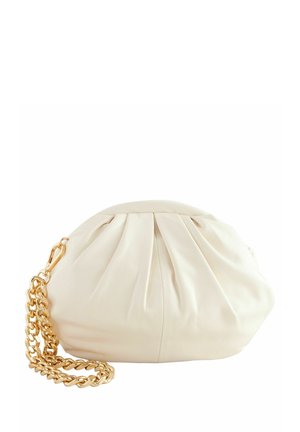 Soft cream leather clutch with gathered details and a detachable chunky gold chain strap.