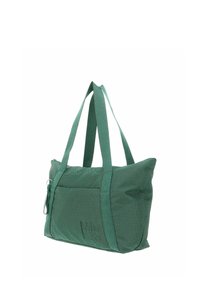 Sac fourre-tout rectangulaire en tissu vert avec deux longues poignées et une poche zippée à l'avant, présenté sur un fond blanc.
