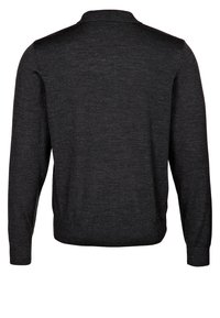 Dunkelgrauer Pullover, aus weichem Strickstoff gefertigt, mit rundem Kragen, langen Ärmeln und geripptem Saum für eine enganliegende Silhouette.