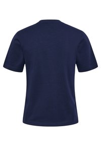 Marineblauwe t-shirt met korte mouwen, gemaakt van katoen. Bevat een ronde halslijn en naadloze achterkant, met een gladde, effen textuur.