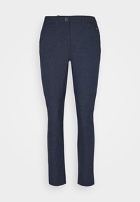 Marina blå byxor tillverkade av ett strukturerat tyg, med en klassisk design, knappstängning och framfickor. Rakt ben.