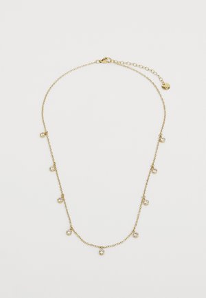 Gullkjede med flere små runde anheng besatt med klare steiner, med lås og justerbar lengde.