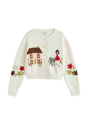 Krémový kardigan s knoflíky vpředu, zdobený pletenými motivy domu, dívky se psem a barevnými květinami na rukávech a přední části.