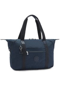 Granatowa torba tote z nylonu z dwiema czarnymi uchwytami, przednią kieszenią na zamek błyskawiczny oraz okrągłym logo. Posiada brelok i teksturowane wykończenie.