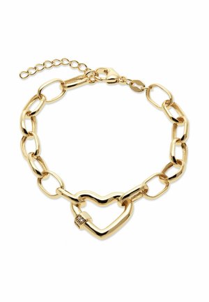 Bracelet chaîne en or avec de gros maillons et un fermoir en forme de cœur comportant un petit détail en diamant sur fond blanc.